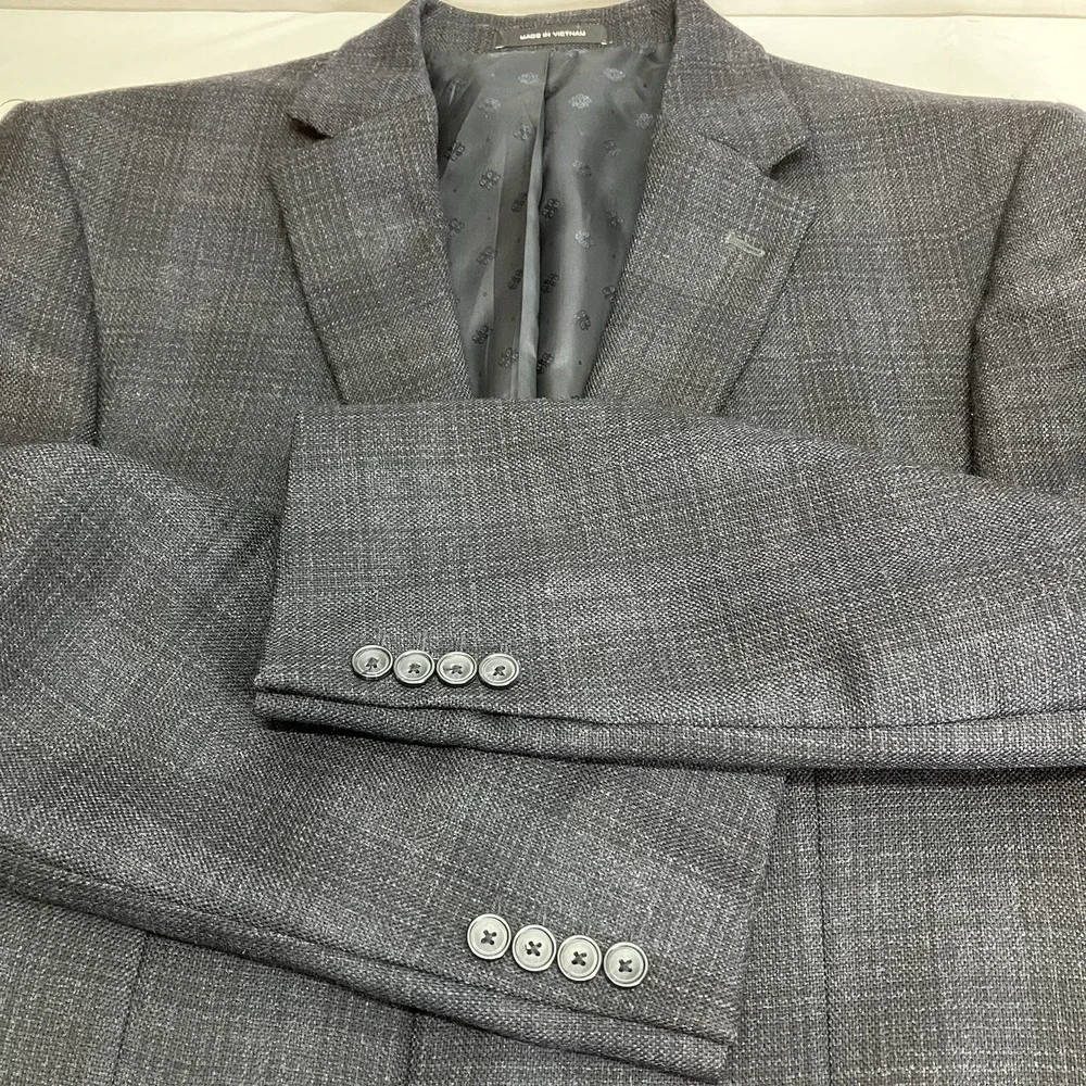 Kenneth Cole Mens Navy Blue AWEARNESS Plaid 100% Wool Slim Fit Blazer Jacket 44L
